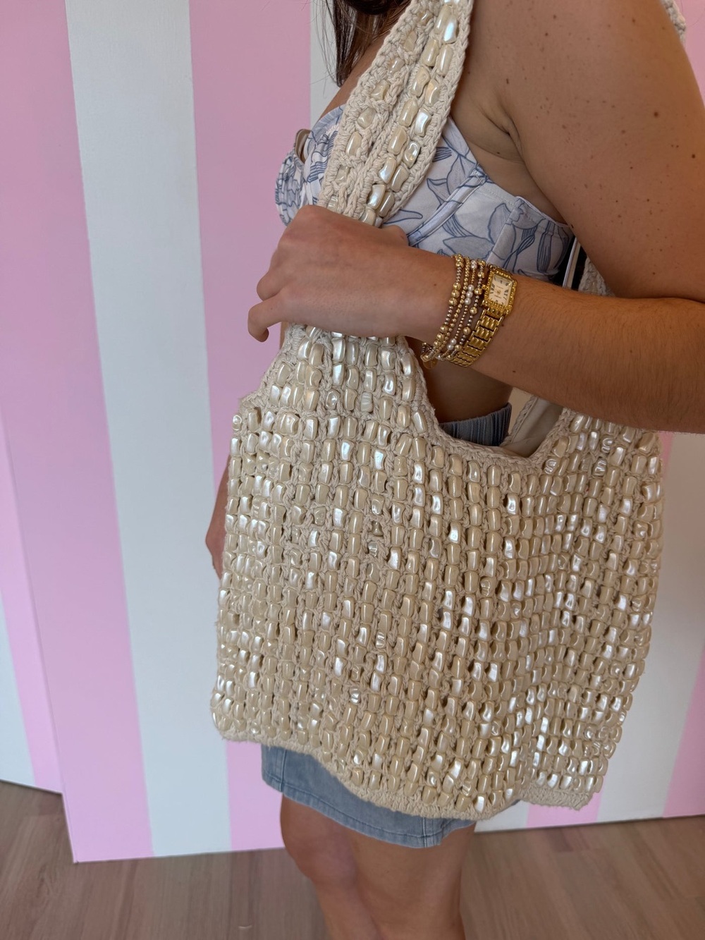 ZARA Pearl Beaded MacrameKnit woven crochet Tote Bag Hobo -Ivory cream - Picture 2 of 10